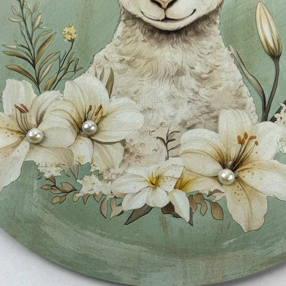 Round Wood Lamb Wall Plaque Sage Green Floral Lily Faux Pearl Decor 9.75 Inch